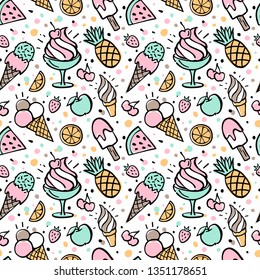 Doodle ice cream and fruit seamless pattern. Tutti Frutti vector cartoon. Summer sweets and berries on white background.