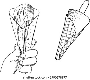Helado de garganta. Ilustración vectorial dibujada a mano. Estilo de esbozo.cono de helado en la mano.