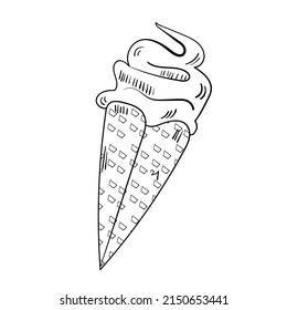 Doodle ice cream illustration. Picnic vector icon set. Tasty dessert. Black line on white background.