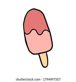 Doodle ice cream with pink color. Hand drawn cartoon icon. Vector illustration of food.