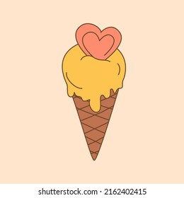 Doodle Ice Cream in Retro style. Vector isolated illustrstion ice cream whit heart for sticker and t shirt design in 1970 colors.