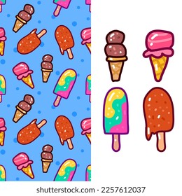 doodle ice cream and seamless pattern