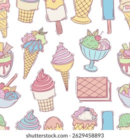 Fazer doodle sorvete padrão sem costura. Doce sobremesa fria cremosa, comida popular de verão. Imprimir para tecido, papel de parede, envoltório, fundo vetor neotérico