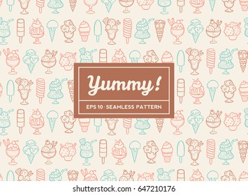 Doodle ice cream seamless pattern. Hand drawn cones and ice creams with different flavors and shapes. Vector illustration.