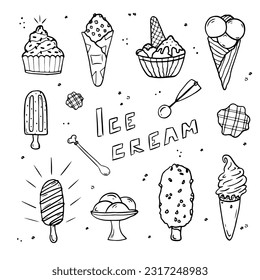 Juego de helados de doodle. Los diferentes tipos de helados dibujados a mano: cono de gofre, esquimo, en un tazón, pala, sundae. Mejor uso para café, menú, diseño, cumpleaños