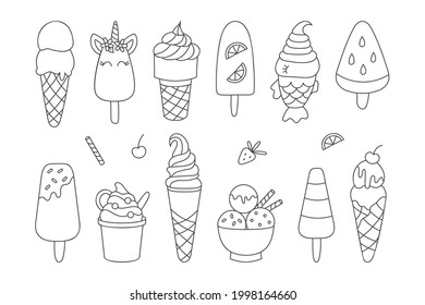 Juego de helados de doodle. Perfecto para el menú de cafés, páginas de colores, decoración de fiestas de cumpleaños. Estilo dibujado a mano por Kawaii. Ilustración vectorial.