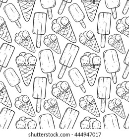 Doodle ice cream set in seamless pattern