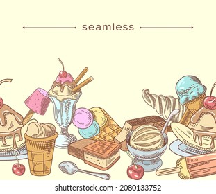 Doodle Ice Cream, Sketch Frozen Creamy Dessert Seamless Pattern, Gelato Icecream, Wafer Cone, Caramel Eskimo or Chocolate Glaze Sundae Hand Drawn Colorful Frame or Border. Linear Vector Illustration