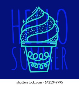 Doodle Ice cream. Summer poster hand drawn icon with funny text on colorful background.