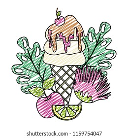 doodle ice cream with tropical plants and fruits