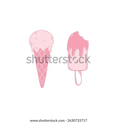 Doodle ice cream vector illustration. Popsicle and waffle cone print