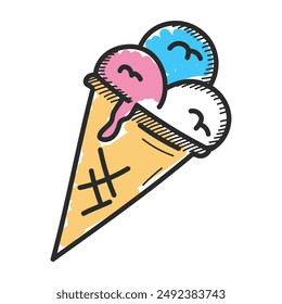 Doodle ice cream vector isolated. Hand-drawn illustration of a delicious cold dessert. Sweet cold food.