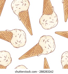 Doodle ice cream in a waffle cone seamless pattern. Vector illustration. Sweet dessert background with drops