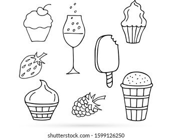 Doodle ice cream, wine, ice cream, fruit set icon isolated on white. Outline kids hand drawing art line for design of kids cloth. Coloring. Symbol summer, birthday. Sweet dessert. Vector illustration