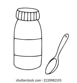 Doodle icon ampoules of a medicinal product, bottle, bottle, injections, medicines, simple icons for banner design