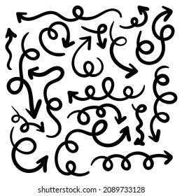 Doodle icon arrows set. Wavy loop lines. Black color. Vector illustration, flat design