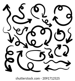 Doodle icon arrows set. Wavy loop lines. Black color. Vector illustration, flat design