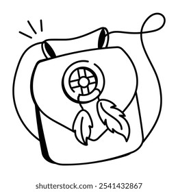 Um ícone de doodle de um saco de boho com penas e um design padronizado


