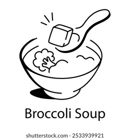 Doodle icono de un tazón de sopa de brócoli con una cuchara

