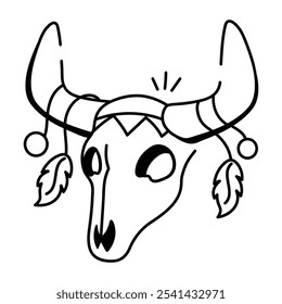 A doodle icon of a bull skull adorned with feathers and beads

