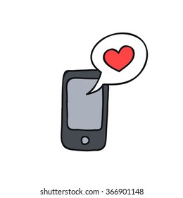 doodle icon. cellphone with love message. vector illustration