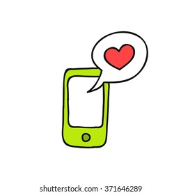 doodle icon. cellphone with love message. vector illustration