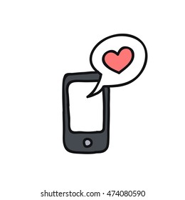 doodle icon. cellphone with love message. vector illustration