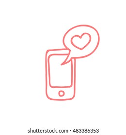 doodle icon. cellphone with love message. vector illustration