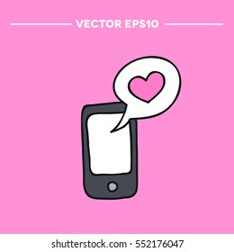doodle icon. cellphone with love message icon. vector illustration