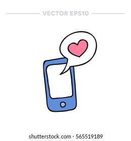 doodle icon. cellphone with love message icon. vector illustration