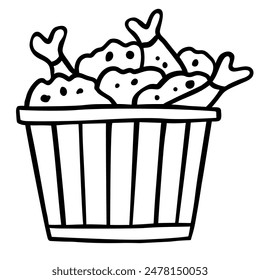 Doodle icon Chicken legs in packaging isolated on a white background. Fast food. Hand drawn Fried chicken in outline style. Vector illustration.