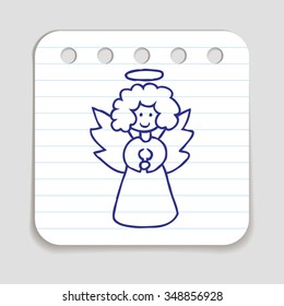 Doodle icon of Christmas Angel.  Blue pen hand drawn infographic symbol on a notepaper piece. Line art style graphic design element. Web button with shadow. Vector illustration