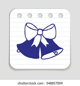 Doodle icon of Christmas Jingle Bells.  Blue pen hand drawn infographic symbol on a notepaper piece. Line art style graphic design element. Web button with shadow. Vector illustration