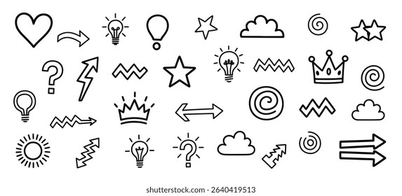 Doodle Icon Collection featuring Heart, Arrows, Star, Lightning, Crown and Lightbulb Elements