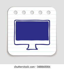 Doodle icon of Computer Monitor. Blue pen hand drawn infographic symbol on a notepaper piece. Line art style graphic design element. Web button with shadow. Vector illustration