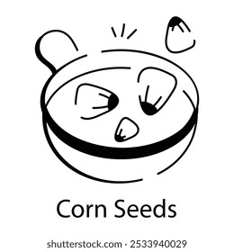 A doodle icon of corn seeds in a frying pan

