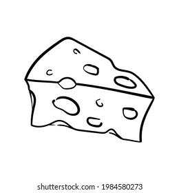 Doodle icon depicting a triangular piece of cheese. Black and white vector illustration.