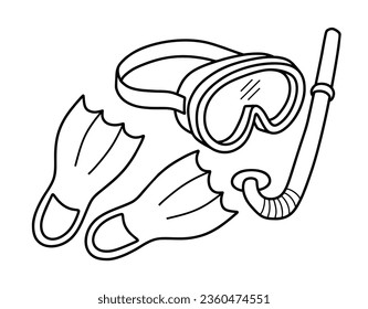 doodle icon of diving mask and flippers in doodle style isolated on white background.