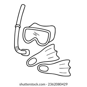 ícono doodle de máscara de buceo y aletas en estilo doodle aisladas en fondo blanco.