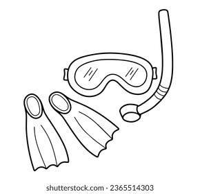 doodle icon of diving mask and flippers in doodle style isolated on white background.
