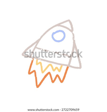 Doodle icon of drawing kids rocket. Child scribble of flying spaceship. Childish picture of spacecraft launch. Chalk art, crayon sketch. Hand drawn outline isolated vector illustration on white