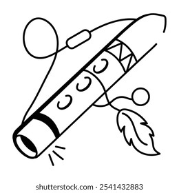 A doodle icon of a flute with feathers and beads

