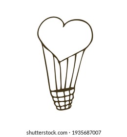 Doodle icon of flying heart shaped balloon with basket vector illustration