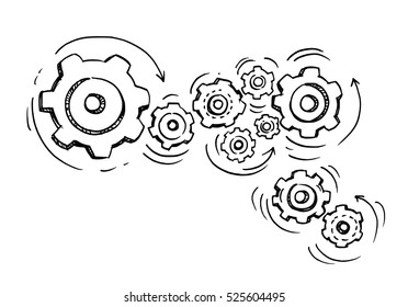  Doodle icon of gears. Technology,Drawn in black ink on white background