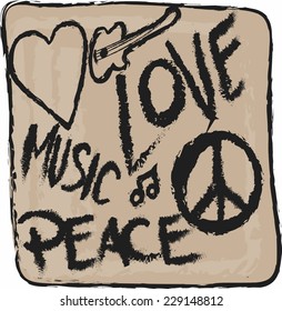 doodle icon grunge Peace, Love and Music isolated 