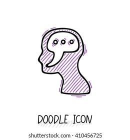 Doodle icon with human head. Symbol exclamation, think and speak.
