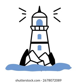 Ícone de doodle do farol em rochas com feixes brilhantes

