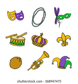 doodle icon. Mardi Gras traditional symbols. vector illustration