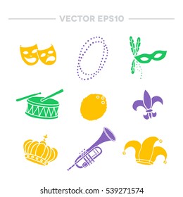 doodle icon. Mardi Gras traditional symbols. vector illustration