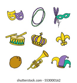 doodle icon. Mardi Gras traditional symbols. vector illustration